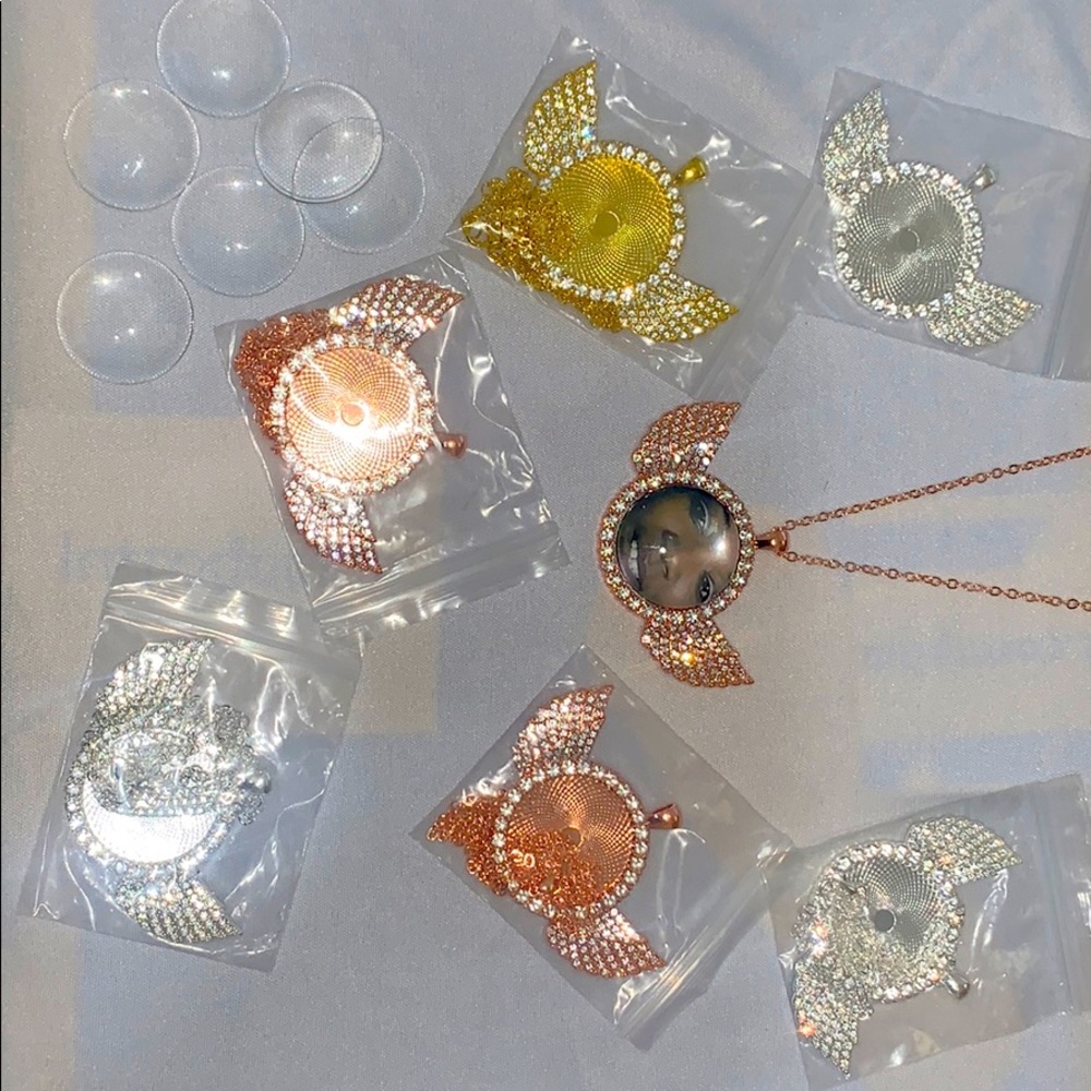 Rhinestone Wing Pendant And Chain W/Cabochons